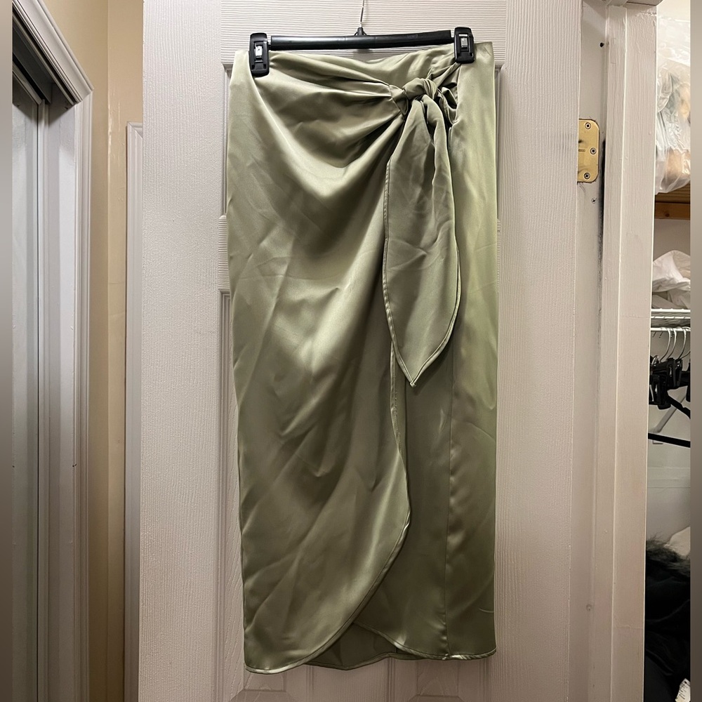 Zara Olive Green Faux Satin Wrap Skirt
